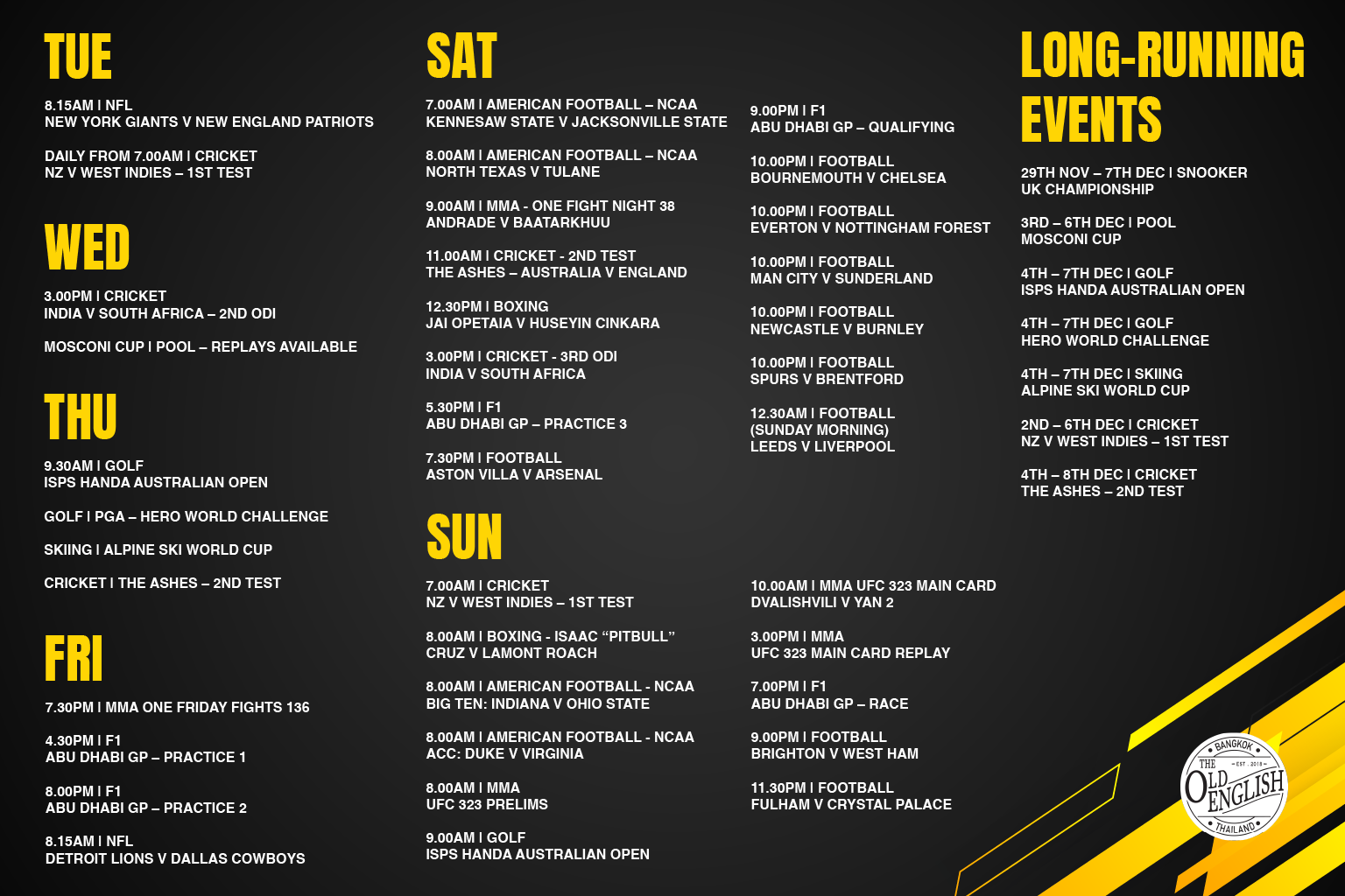 Sports schedule old english