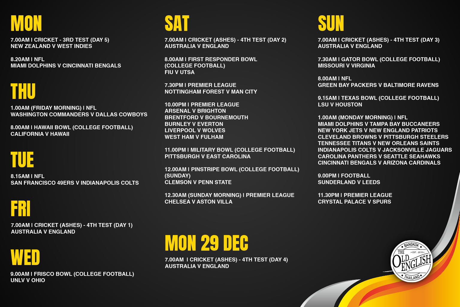 Sport schedule at the old english bangkok from December 22nd to December 29th 2025