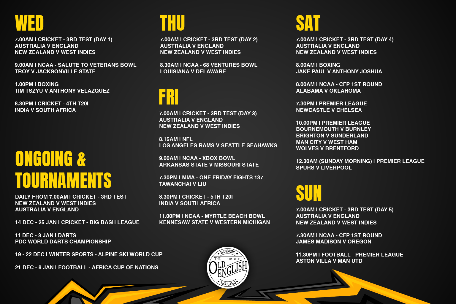 Old English Sports schedule showing the times and dates of each sport that will be streamed in-store