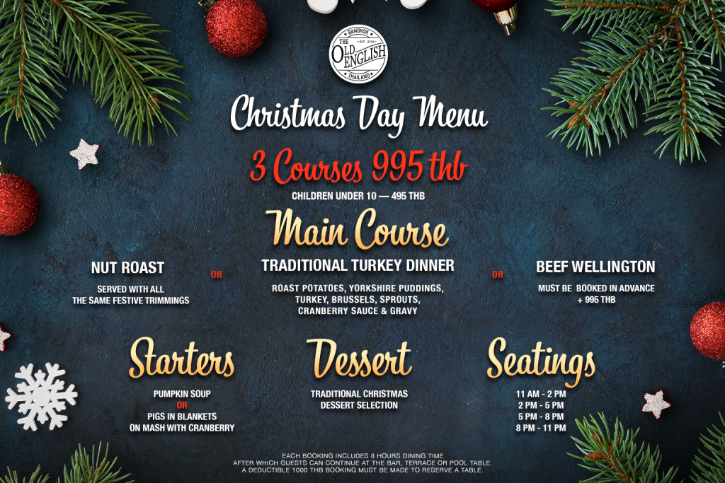 Christmas Dinner course menu for Christmas 2025 at the Old English Pub
