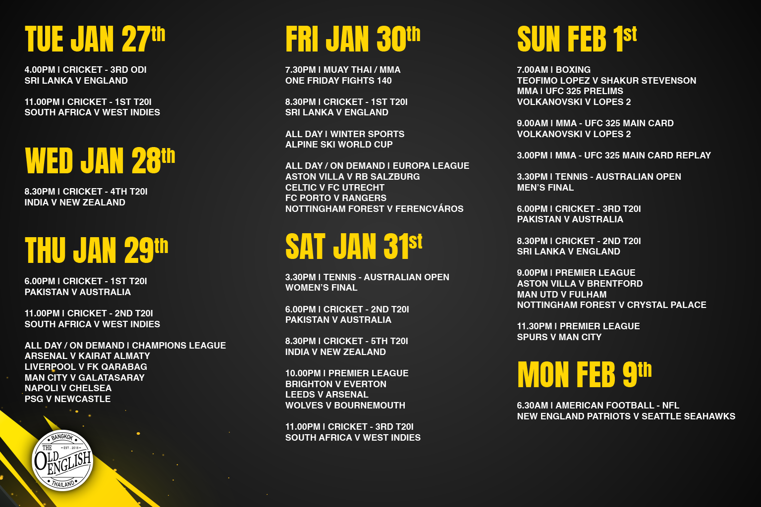 The Old English Pub Bangkok sports schedule for 27 January to 9 February 2026