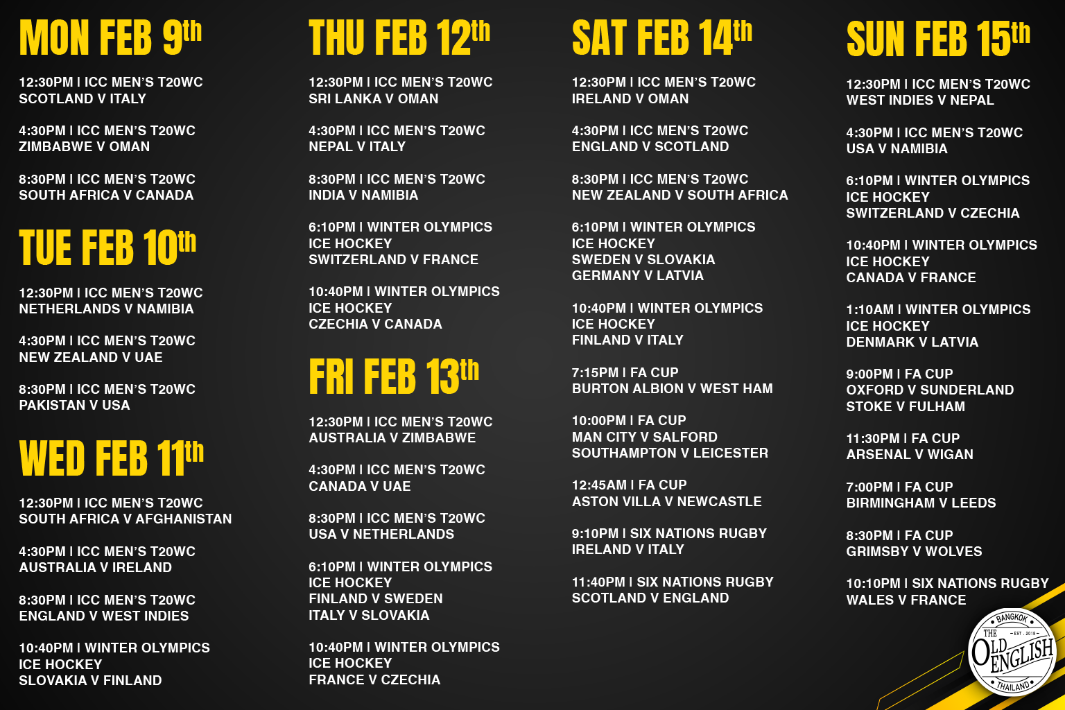 Live Sports schedule 9-15th february 2026 at old english bangkok