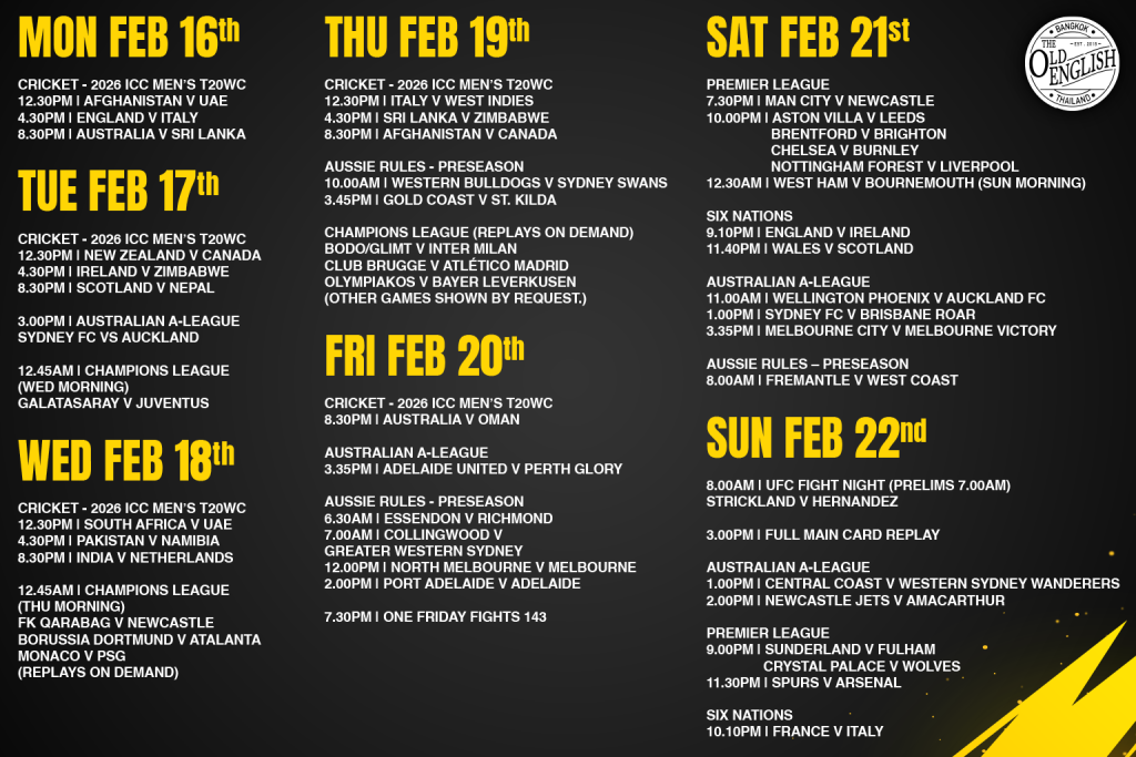 Sport schedule at Old English for 16-22nd of February 2026