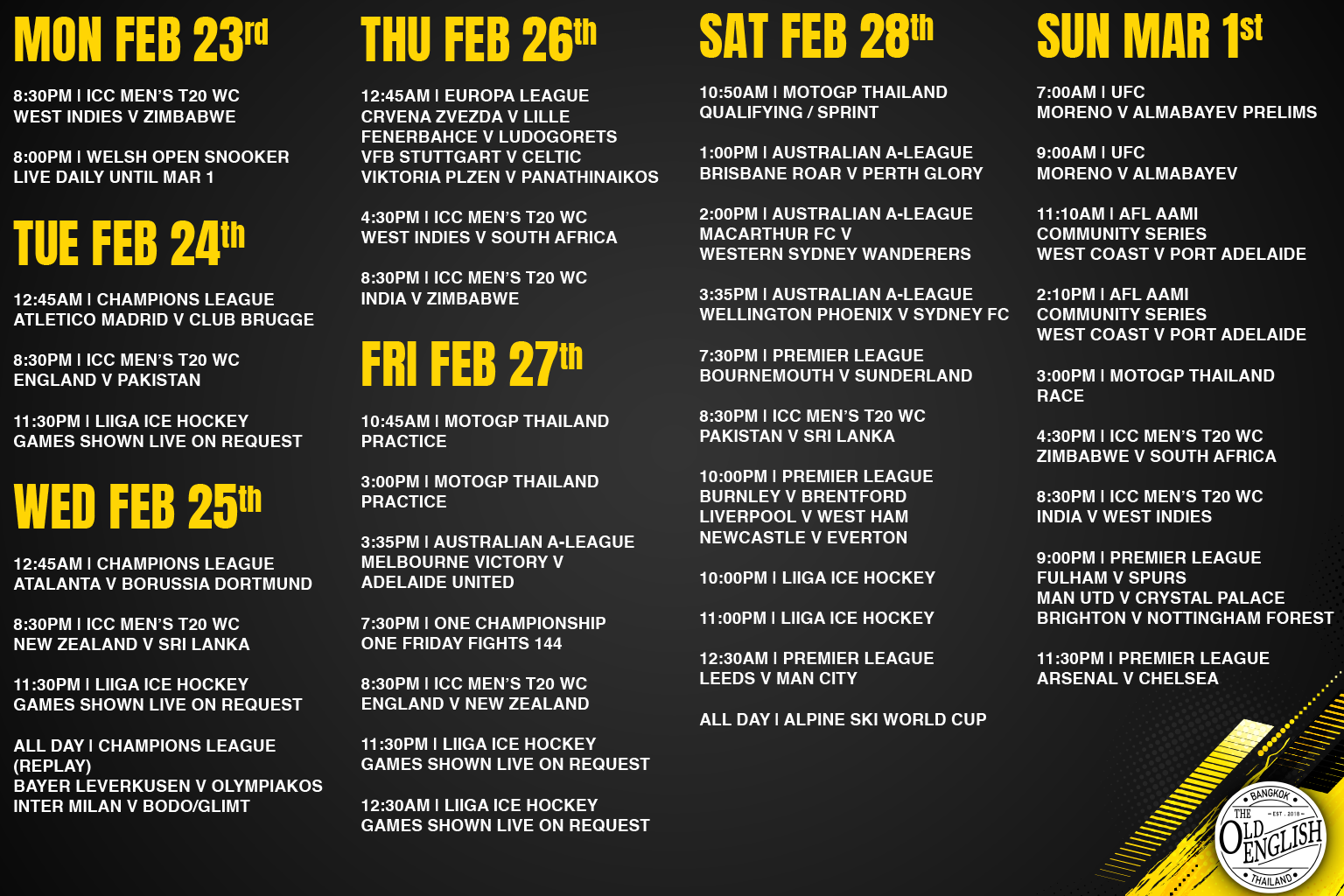 The old english sport schedule for 23 February till 1 March 2026