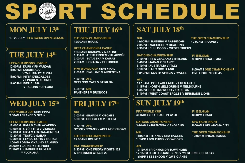 The weekly live sports schedule displayed inside The Old English Pub in Thong Lo Bangkok, showing football, rugby, F1, and golf.