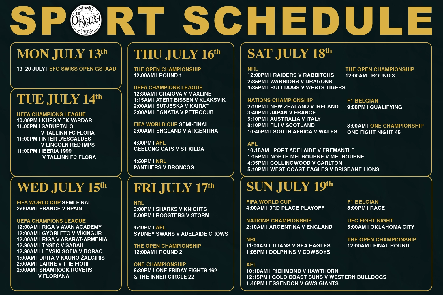 The weekly live sports schedule displayed inside The Old English Pub in Thong Lo Bangkok, showing football, rugby, F1, and golf.