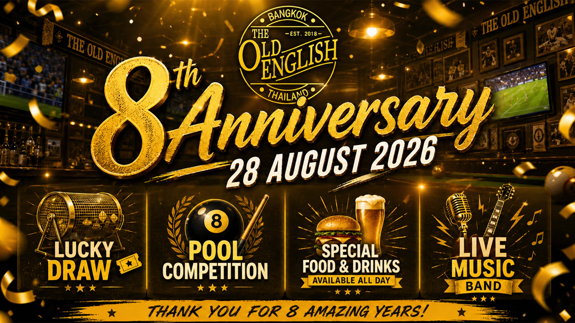 Promotional banner for The Old English Bangkok 8th Anniversary party on 28 August 2026, featuring a lucky draw, pool competition, special food and drinks, and a live music band.