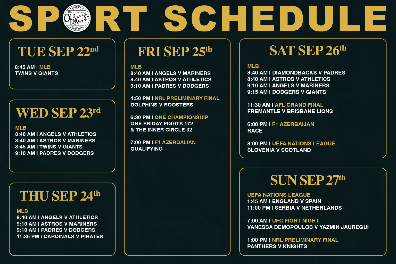 The Old English Pub weekly sports schedule graphic highlighting live broadcasts for the AFL Grand Final, Formula 1 Azerbaijan Grand Prix, NRL Preliminary Finals, and MLB in Bangkok.