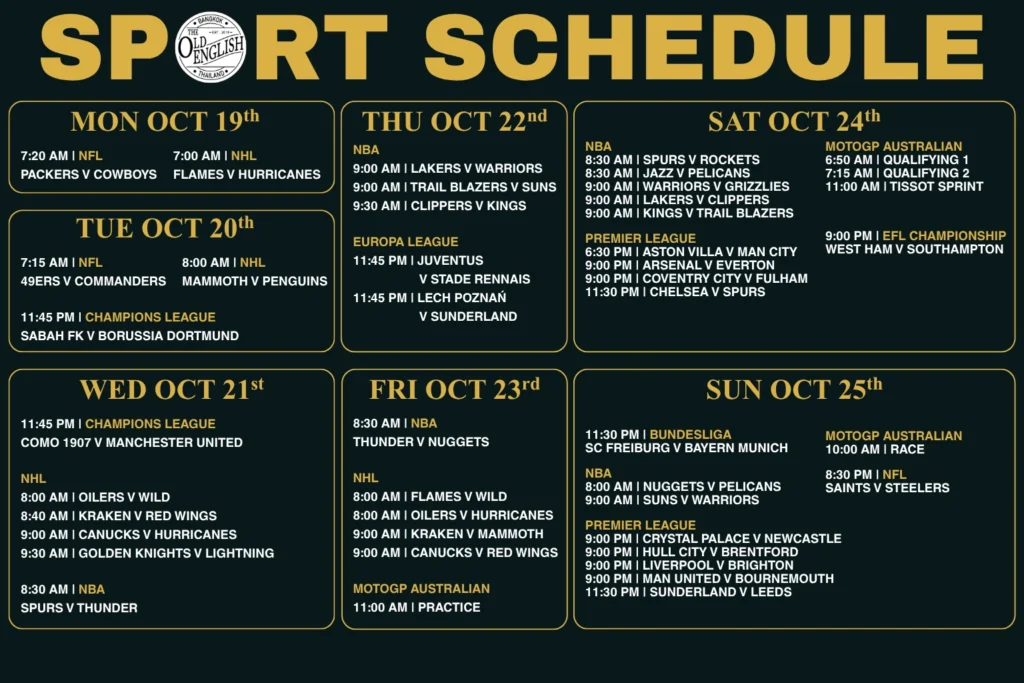 Weekly sports schedule for The Old English Pub in Bangkok showing live broadcast times for the Premier League, NBA, NHL, Champions League, and MotoGP from October 19 to October 25, 2026.