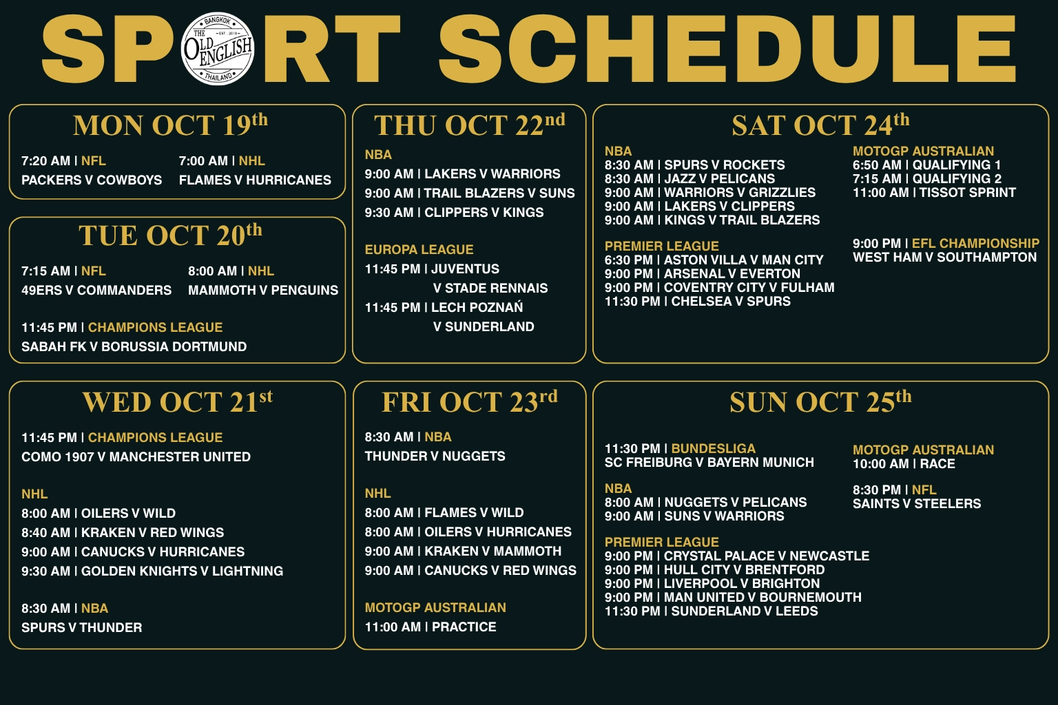 Weekly sports schedule for The Old English Pub in Bangkok showing live broadcast times for the Premier League, NBA, NHL, Champions League, and MotoGP from October 19 to October 25, 2026.