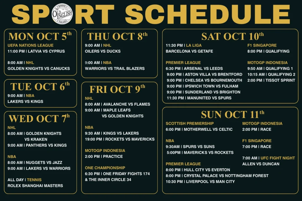 Weekly sports schedule for The Old English Pub in Bangkok showing live broadcast times for the Premier League, Formula 1 Singapore GP, MotoGP Indonesia, NBA, and NHL from October 5 to October 11, 2026.